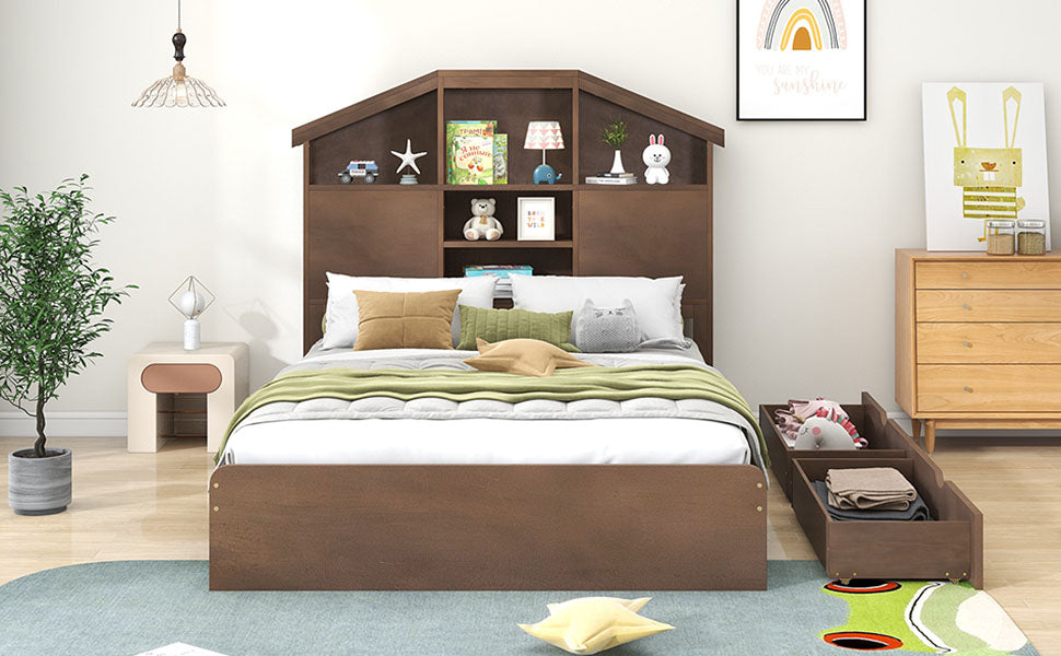 Cama Plataforma de Madera de Nogal de Tamaño Completo con Cabecera de Almacenamiento