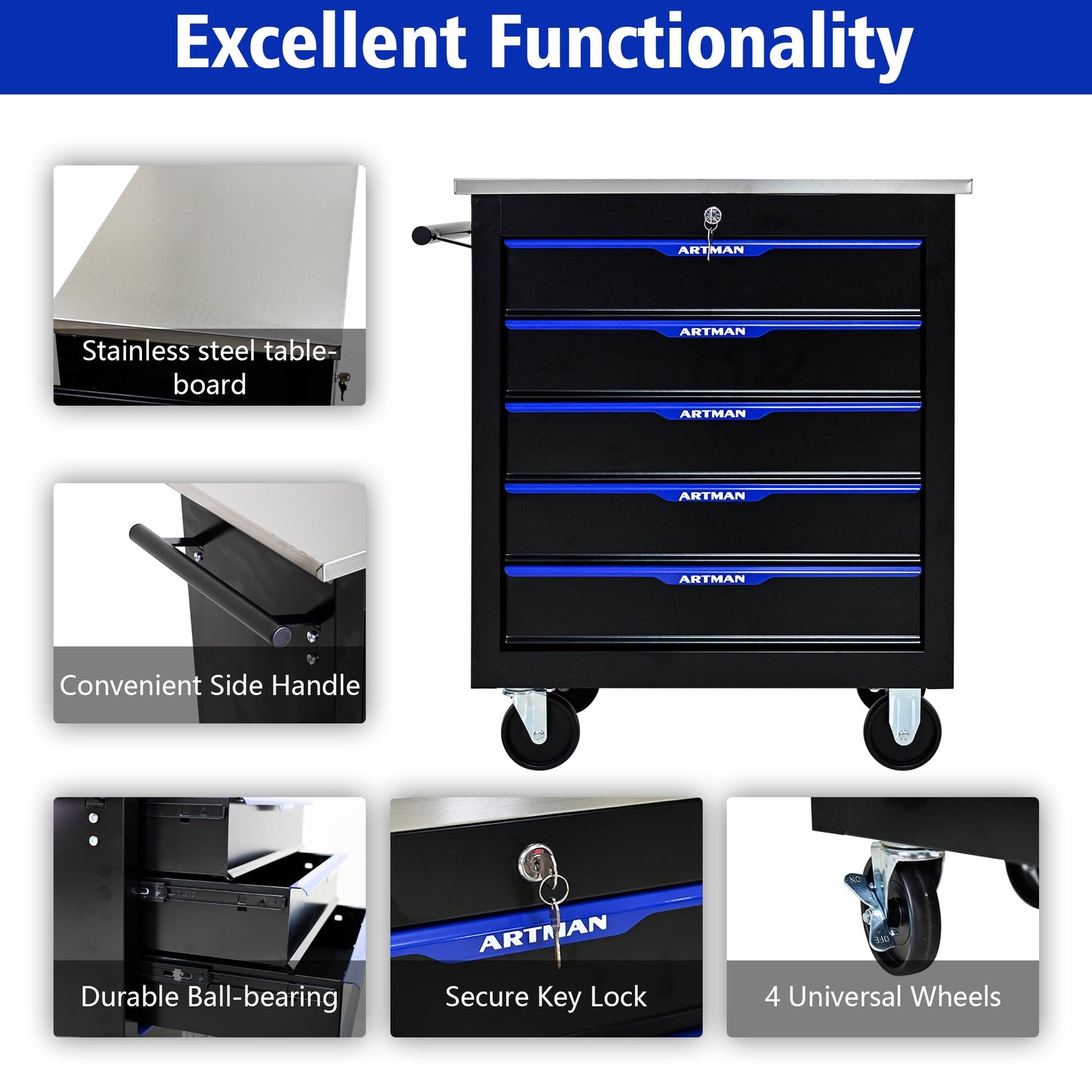 5 DRAWERS MULTIFUNCTIONAL TOOL CART WITH WHEELS-BLACK+BLUE - Korvel