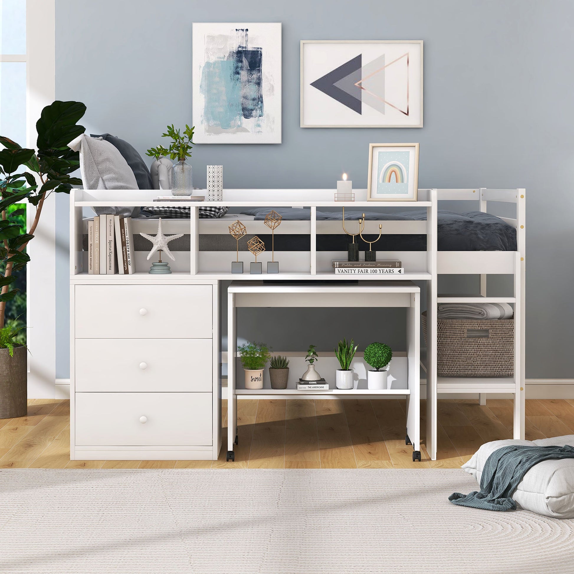 Full Size Low Loft Bed with Rolling Portable Desk, Drawers and Shelves, White - Korvel