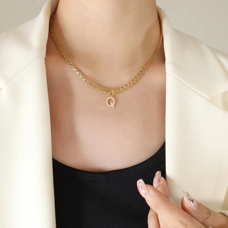 Brass Inlaid Zircon Letter Pendant Necklace - Korvel