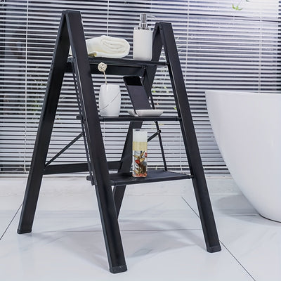 3 Step Ladder Aluminum Light Folding Step Bench Wide Non slip Pedal 300 lb Capacity Home Office Portable Ladder black - Korvel