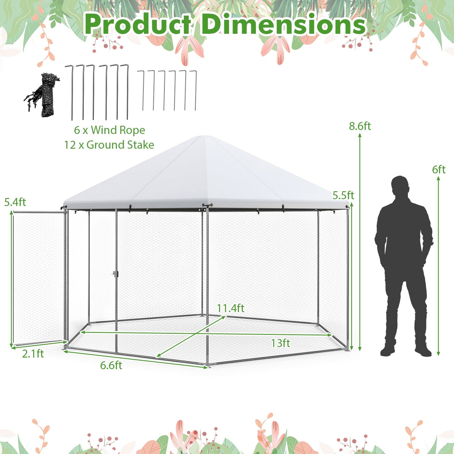 Gallinero Hexagonal Grande de Metal de 13FT con Puerta Bloqueable