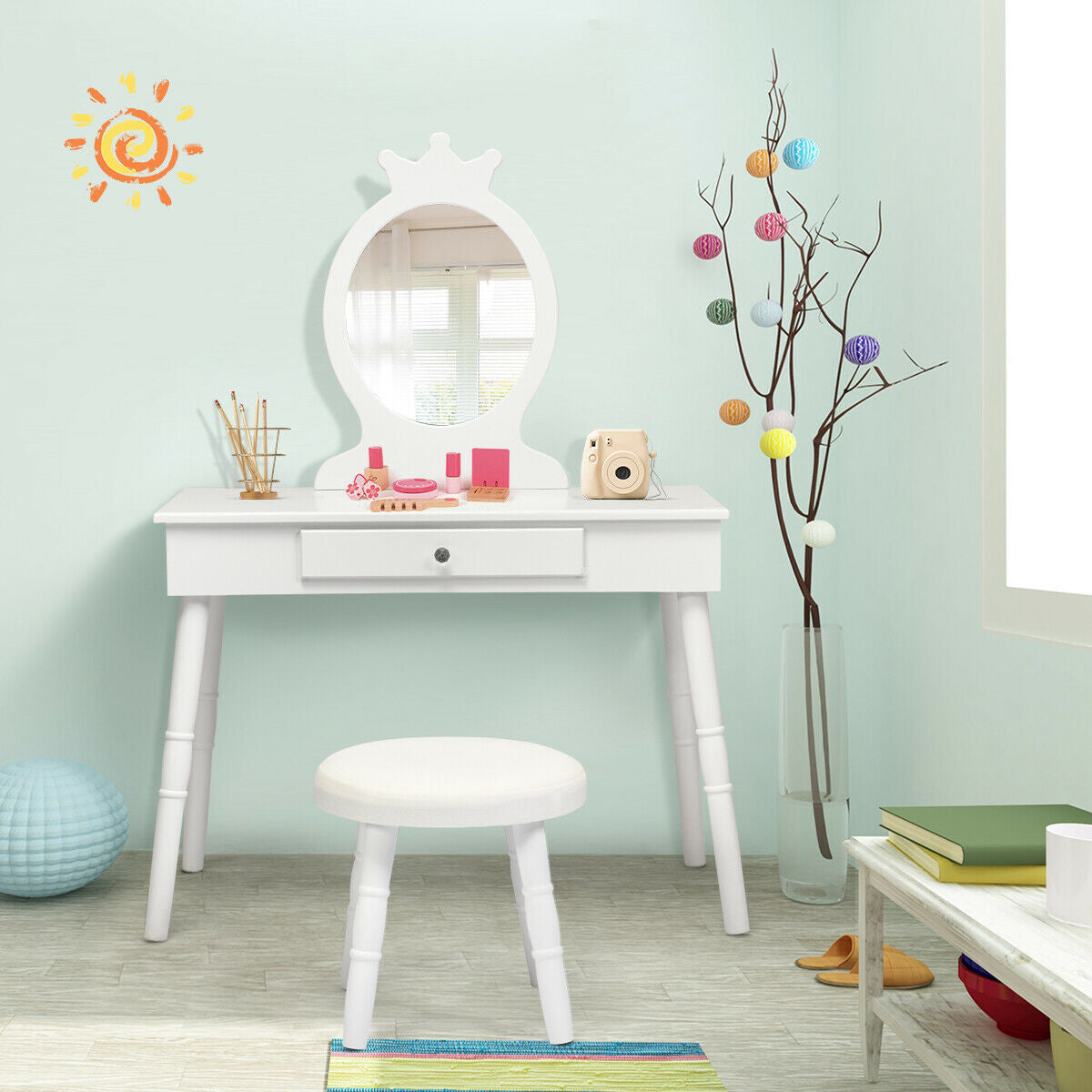 Kids Vanity Makeup Table & Chair Set - White