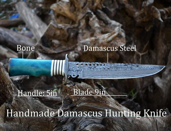 Artisan Crafted 13" Damascus Steel Bowie Knife with Camel Bone Handle & Leather Sheath - Korvel