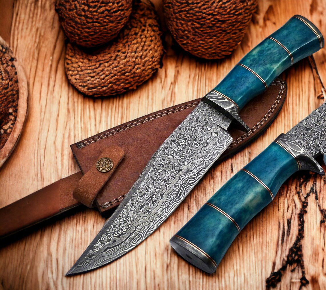 Artisan Crafted 13" Damascus Steel Confederate Bowie Knife with Camel Bone Grip & Leather Sheath - Korvel