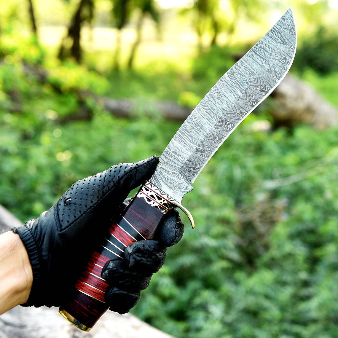 Exquisite 13" Handmade Damascus Bowie Knife – Elegant Brass Guard & Pakkawood Handle with Premium Leather Sheath - Korvel