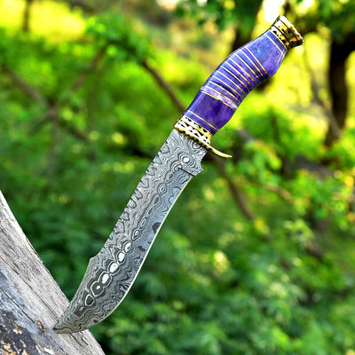 Exquisite 13" Damascus Steel Bowie Knife with Brass Guard & Camel Bone Handle - Korvel
