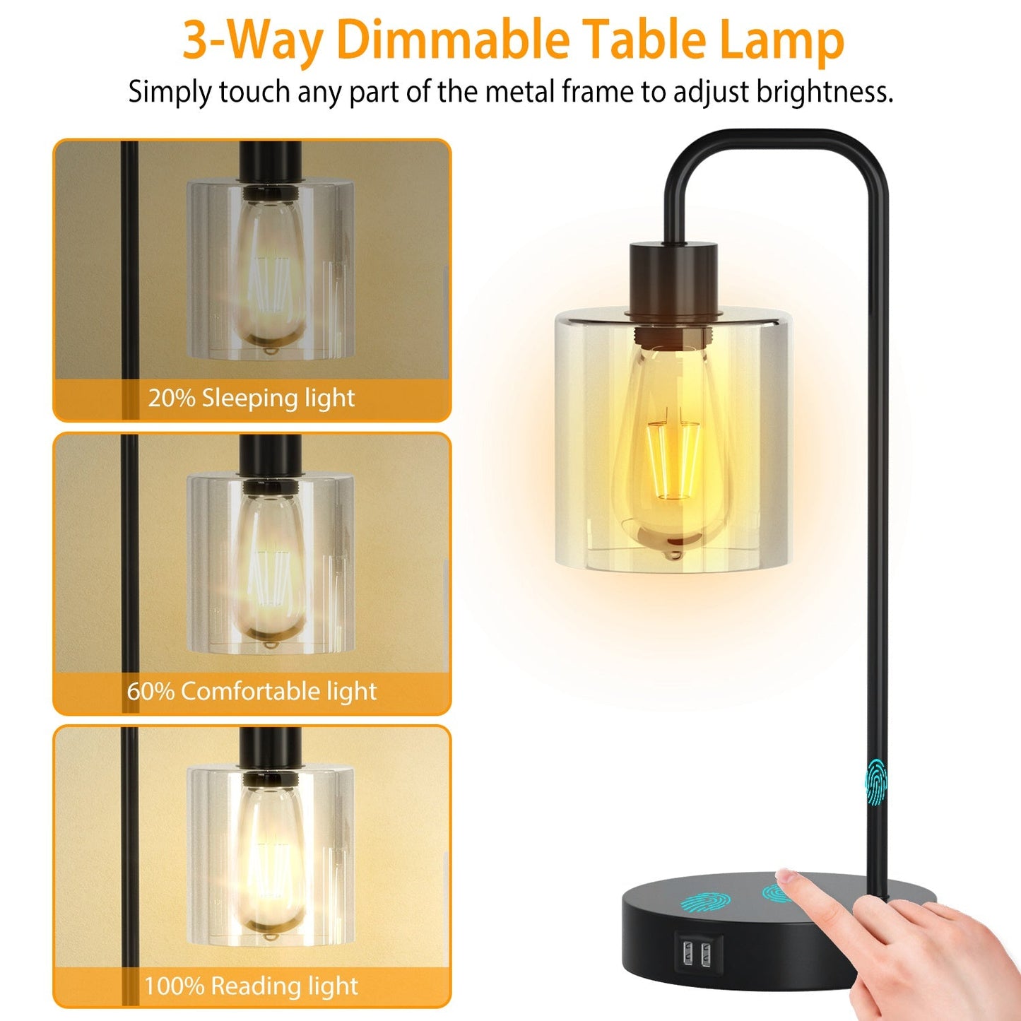 2-Pack Touch Control Table Lamp with USB Ports and Glass Shade