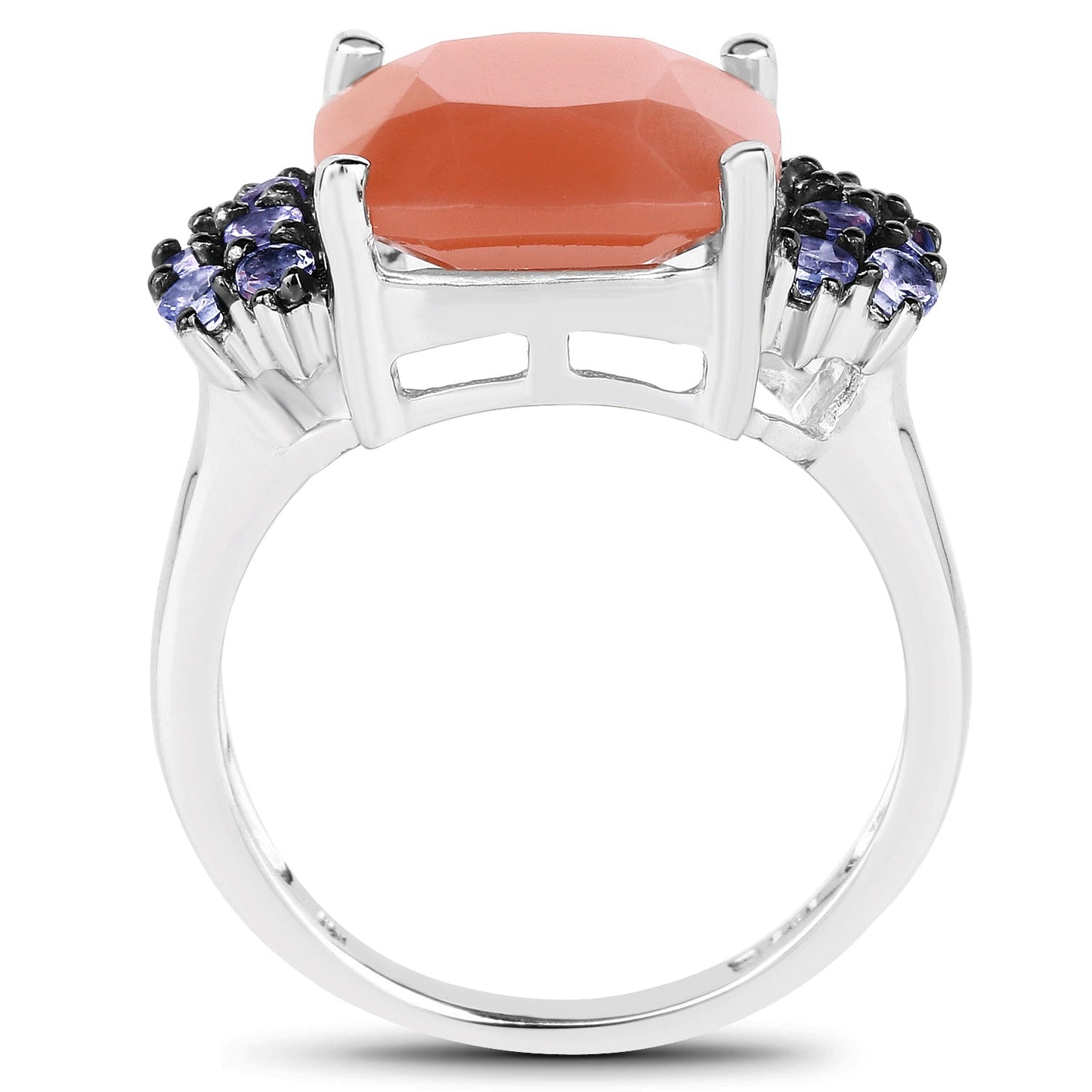 Anillo de Plata Esterlina con Piedra de Luna Durazno y Tanzanita de 6.18 Quilates