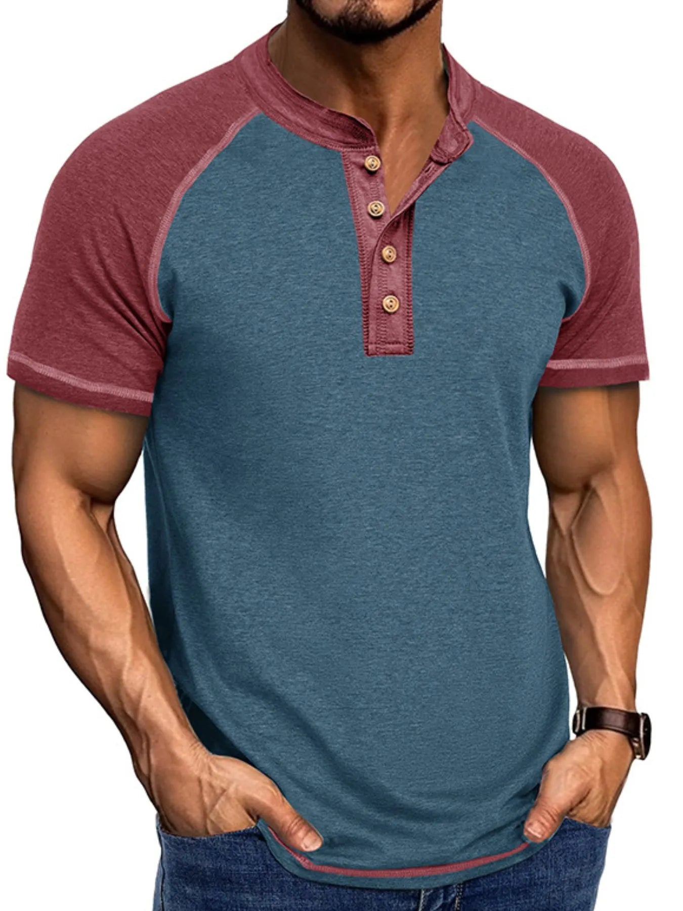 T-shirt Henley Raglan Color Block pour homme