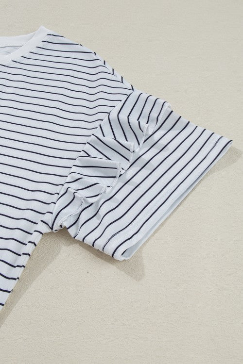 White Striped Round Neck Short Sleeve Mini Dress Casual & Playful Everyday Look Dress - Korvel