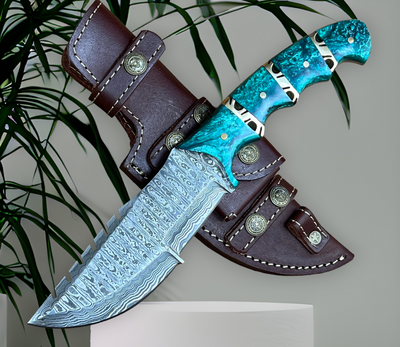 Premium Damascus Tom Brown Tracker Knife - 10" with Epoxy Resin & Brass Handle - Korvel