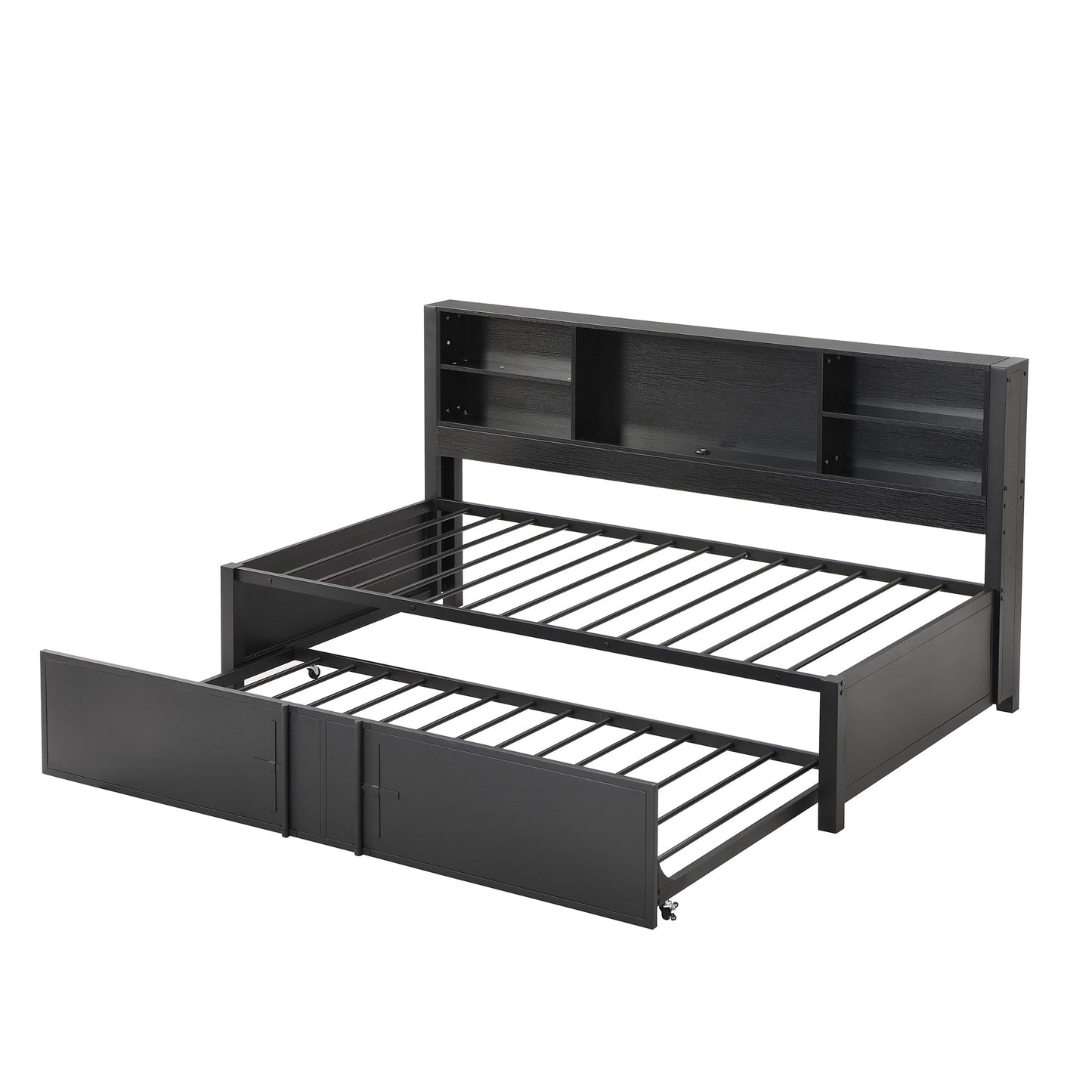 Metal Twin Size Daybed with Trundle, Storage & USB Ports - Black