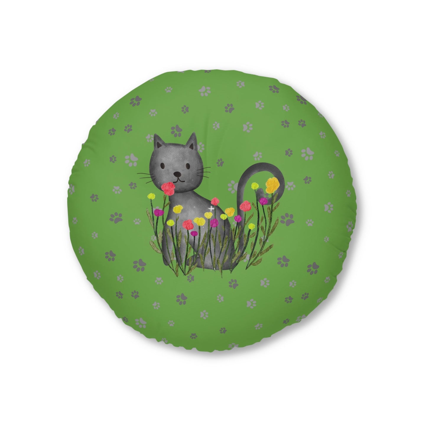 Curious Garden Cat Round Floor Pillow – Green Paw Print Accent Cushion