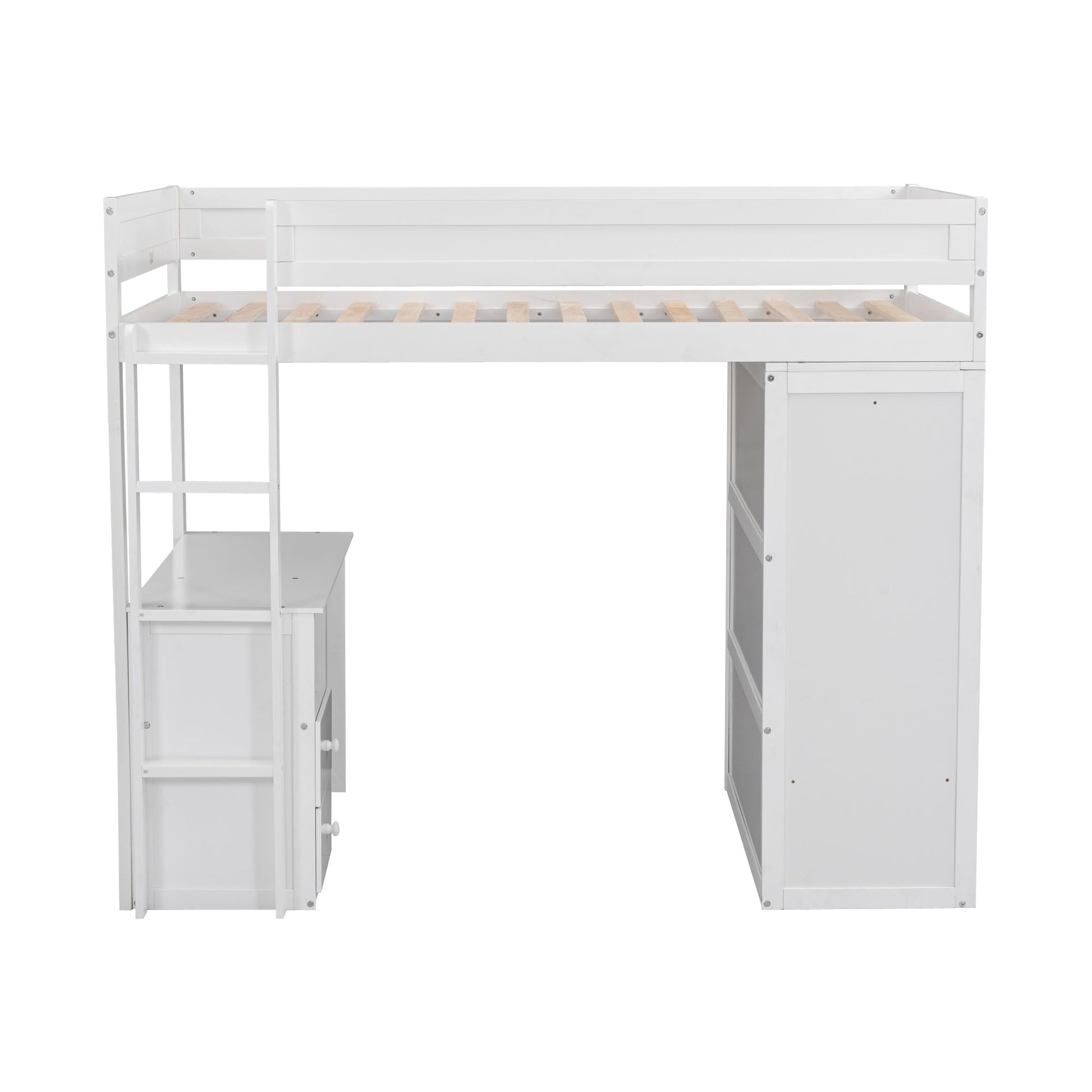 Wood Twin Size Loft Bed with Wardrobes and 2-Drawer Desk with Cabinet  White - Korvel