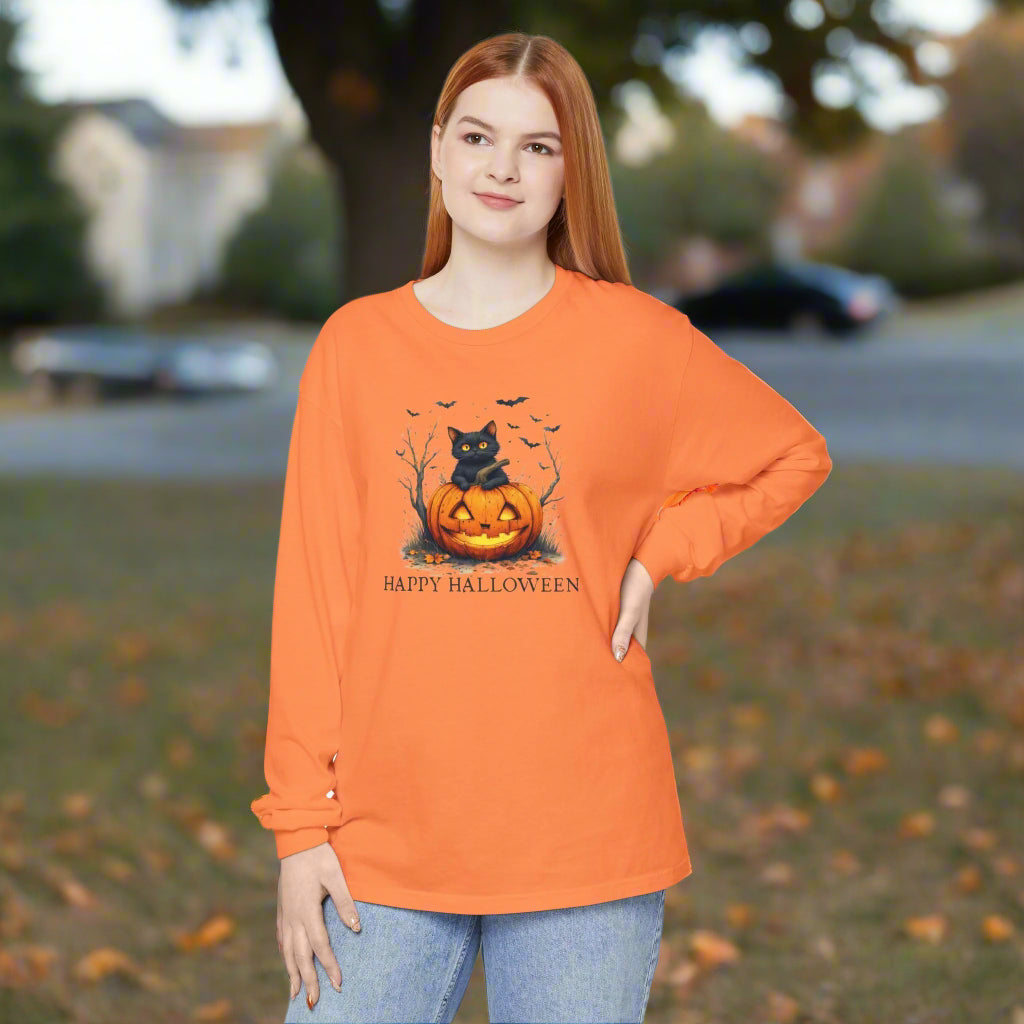 Happy Halloween Cat Long Sleeve Tee for Cat Lovers