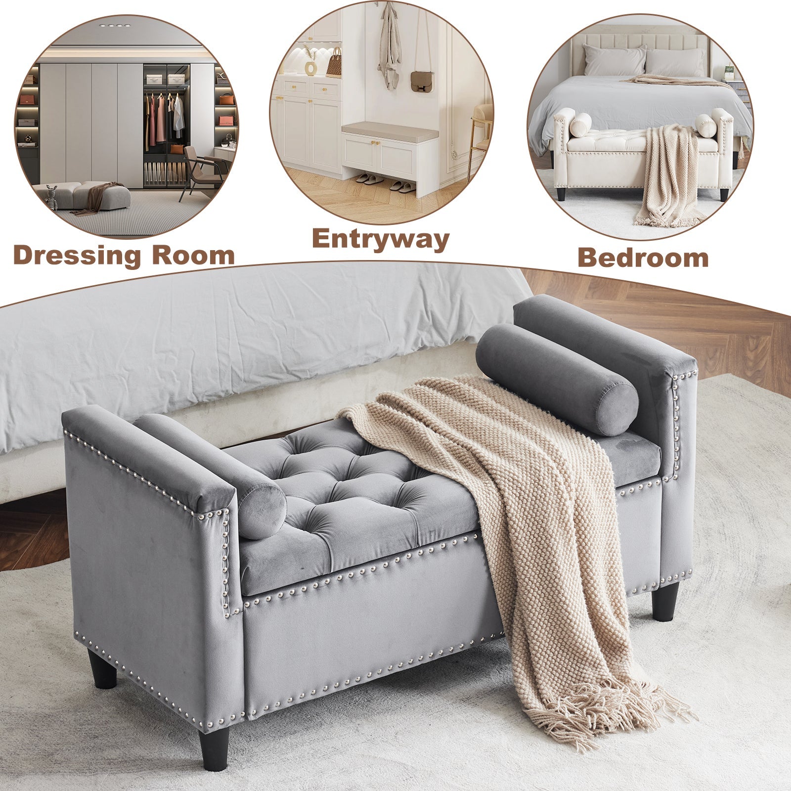 Storage Bench, 44.5-Inch Queen Velvet Button Bedside Bench, Entryway Living Room with Armrests, Nailhead Trim Gray - Korvel