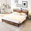 Industrial extra large bed frame with LED lights and 2 USB ports, extra large bed frame with storage space, rural brown color - Korvel