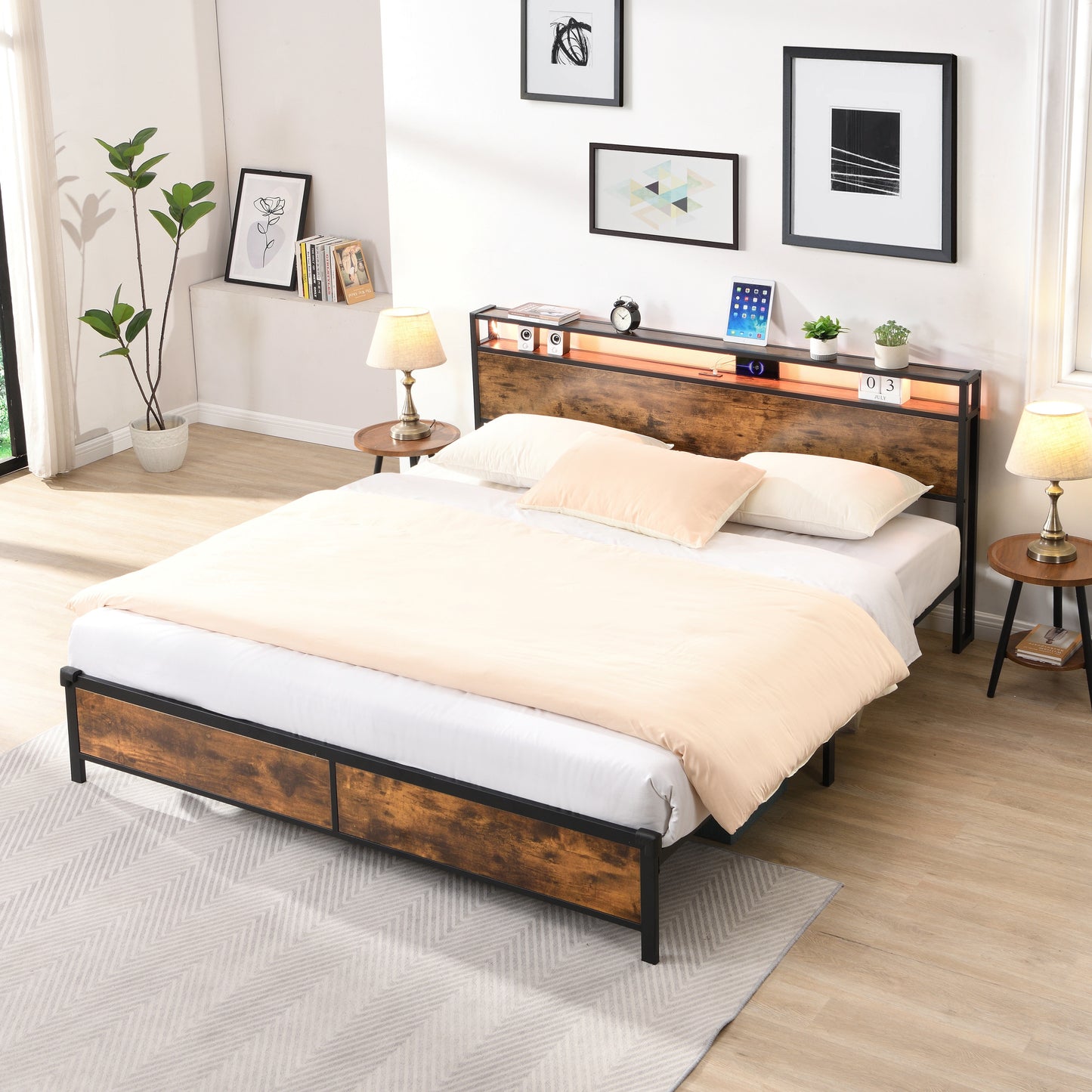 Industrial extra large bed frame with LED lights and 2 USB ports, extra large bed frame with storage space, rural brown color - Korvel