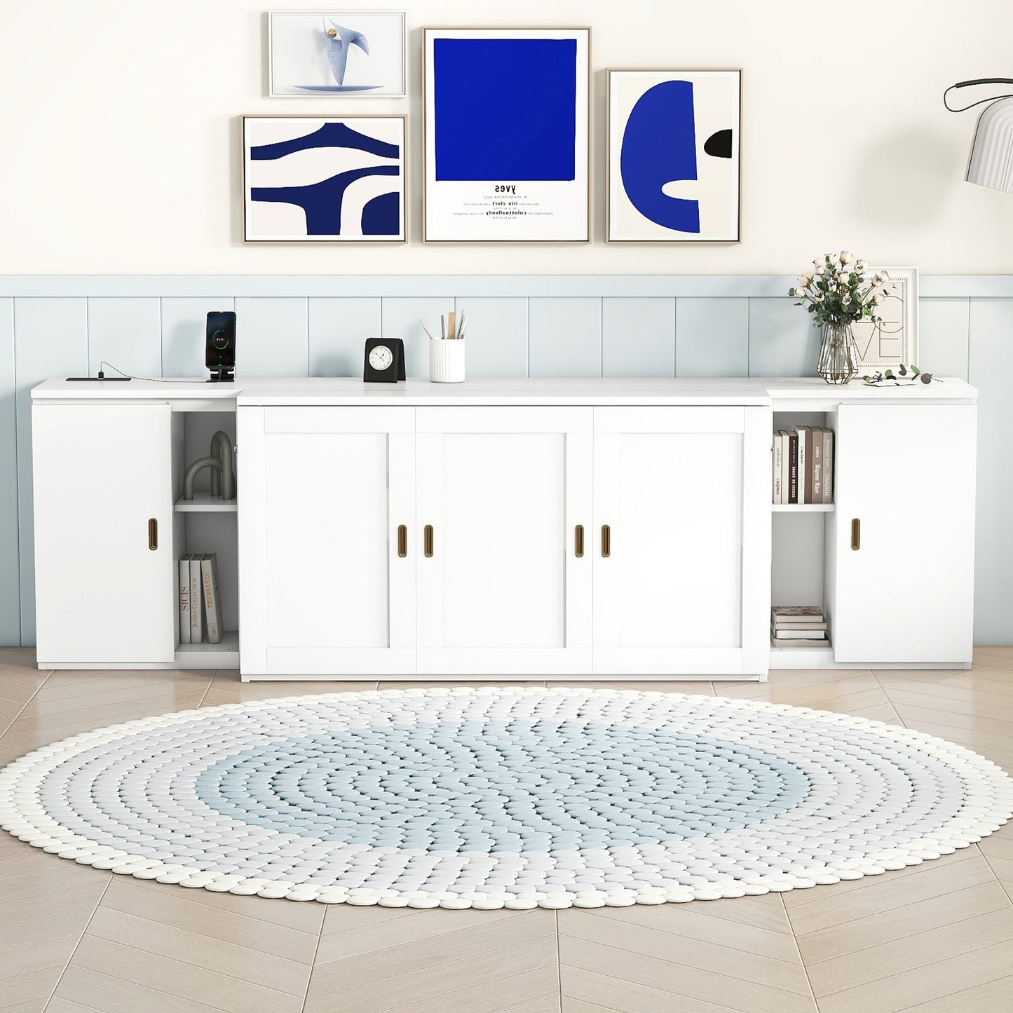 Lit Murphy Queen Size avec étagères et ports USB - Blanc