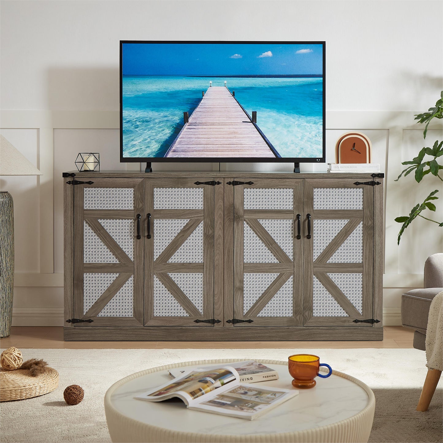 65-Inch Slate Gray Faux Rattan Sideboard with Barn Doors