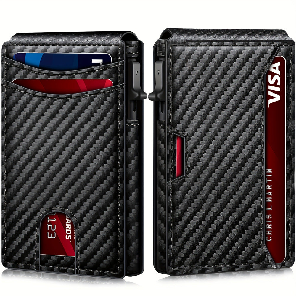 Carbon fiber patterned men's wallet wallet two fold flip card box anti-theft brush wallet magnetic suction side push card bag - Korvel