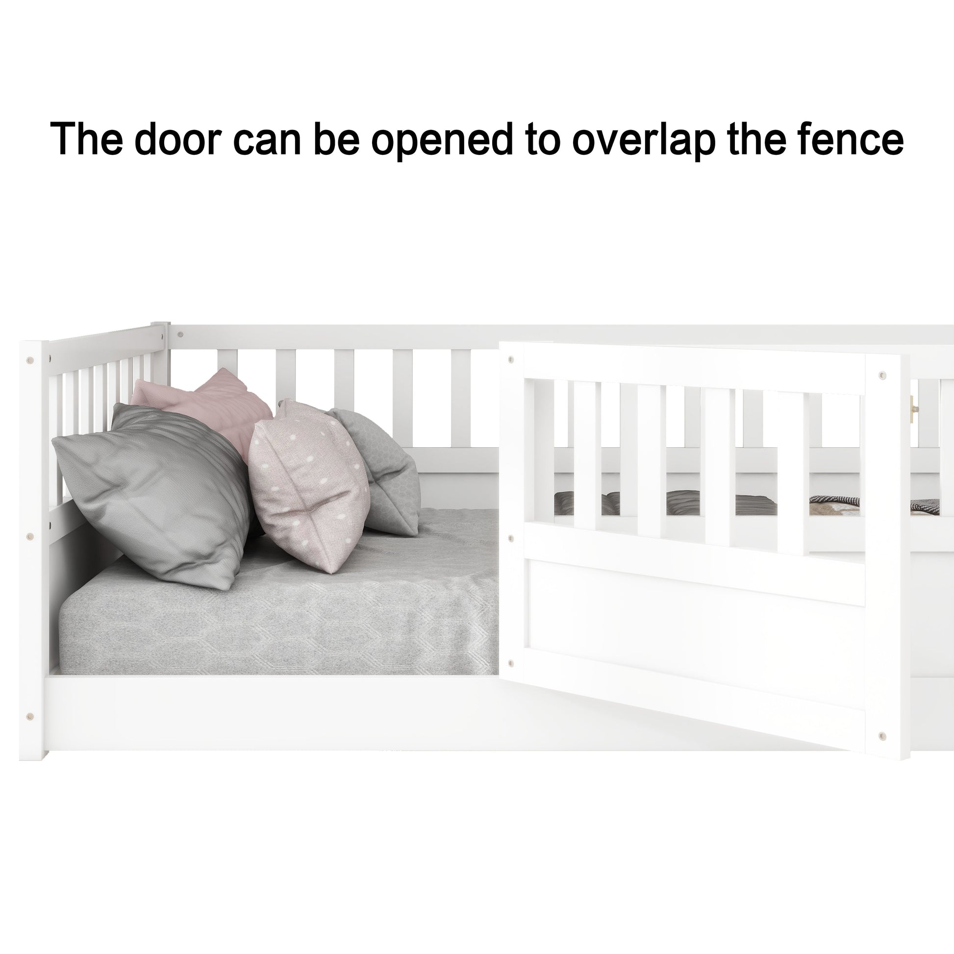 Double bed floor standing bed with ultra-high safety barrier, children's floor standing bed frame, Montessori wooden white - Korvel