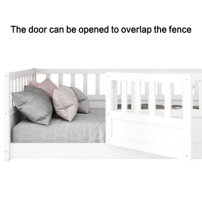Double bed floor standing bed with ultra-high safety barrier, children's floor standing bed frame, Montessori wooden white - Korvel