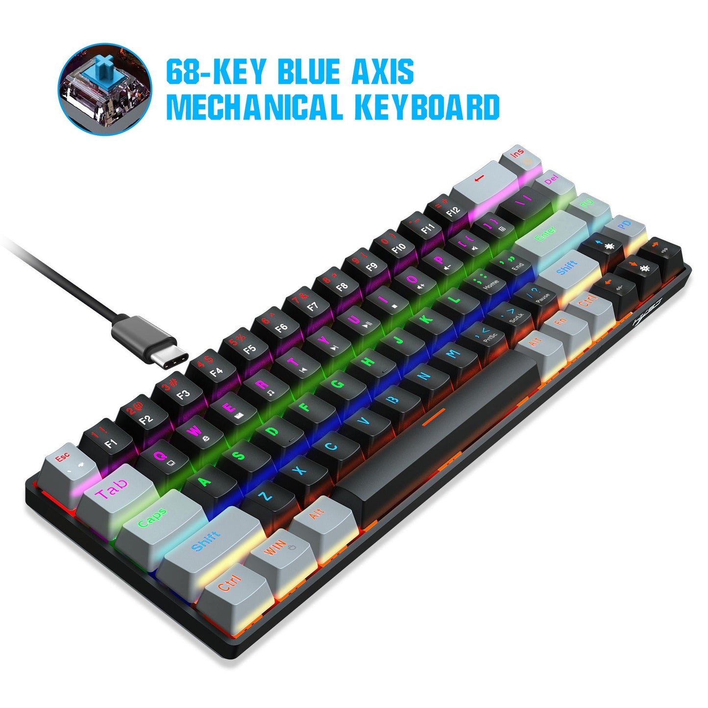 New 68 key RGB luminous esports game with blue and red axis mechanical keyboard laptop MAC 60% - Korvel