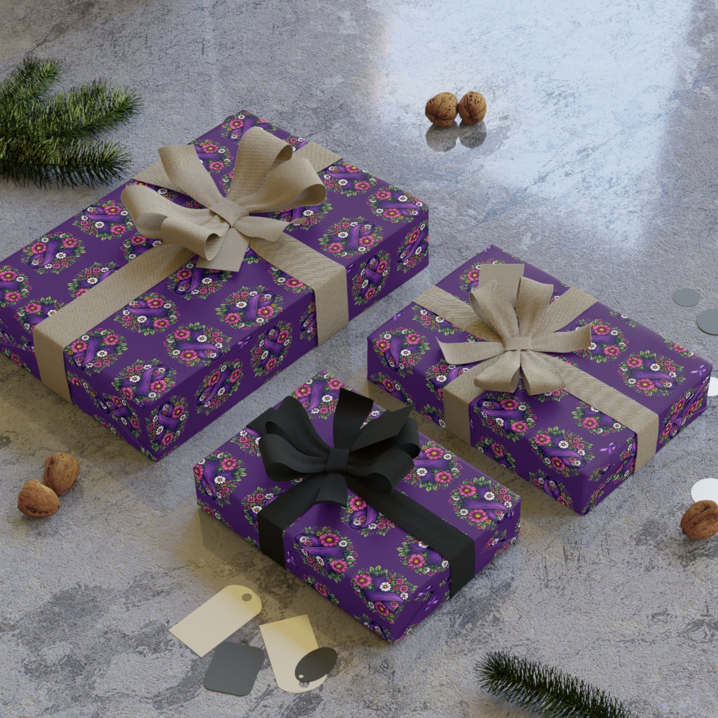 Purple Ribbon & Flowers Gift Wrap Paper Roll