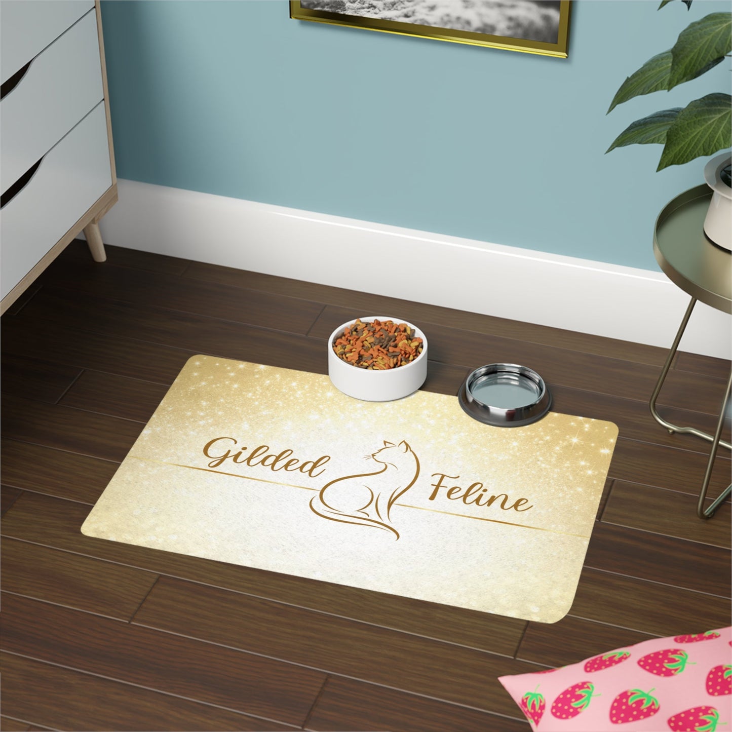 Gilded Feline Cat Food Mat - Elegant Gold Design