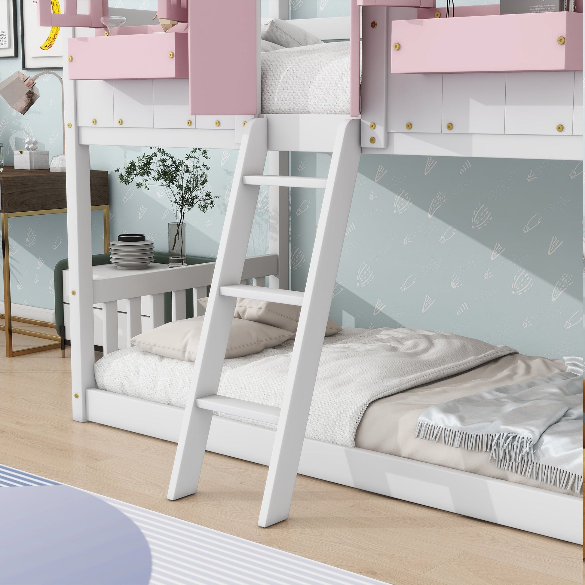 Twin over Twin House Bunk Bed with Roof , Window, Window Box, Door , with Safety Guardrails and Ladder, Pink/White - Korvel