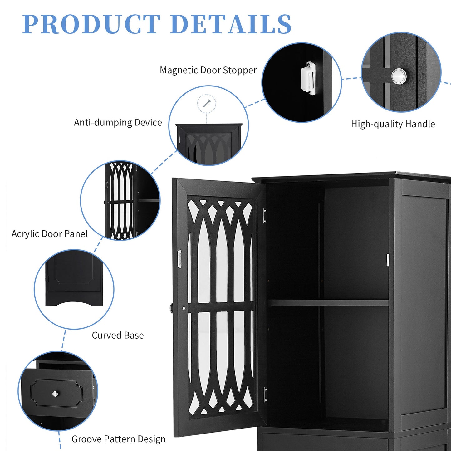 Tall Bathroom Cabinet, Freestanding Storage Cabinet with Drawer and Doors, MDF Board, Acrylic Door, Adjustable Shelf, Black - Korvel