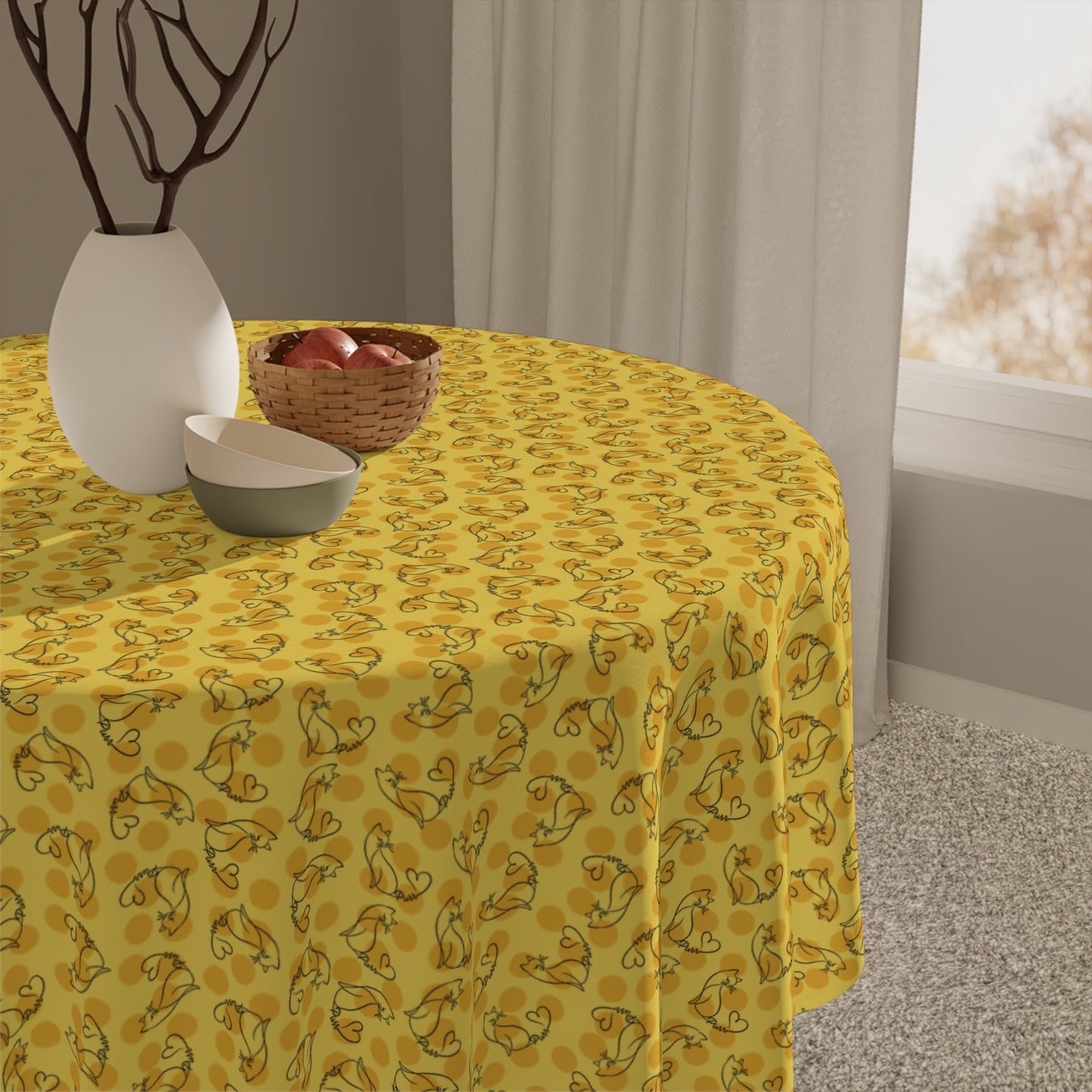 Golden Purr Cat Tablecloth – Minimalist Line Art Design (55" × 55")