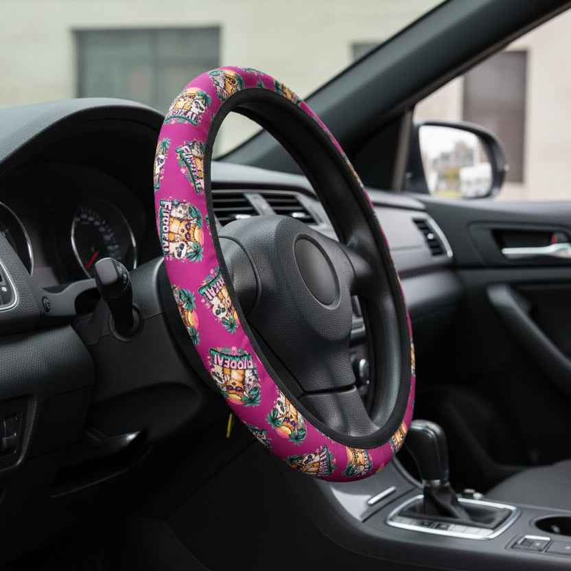 Furreal Retro Cat Steering Wheel Cover - Bold Pink Tropical Style