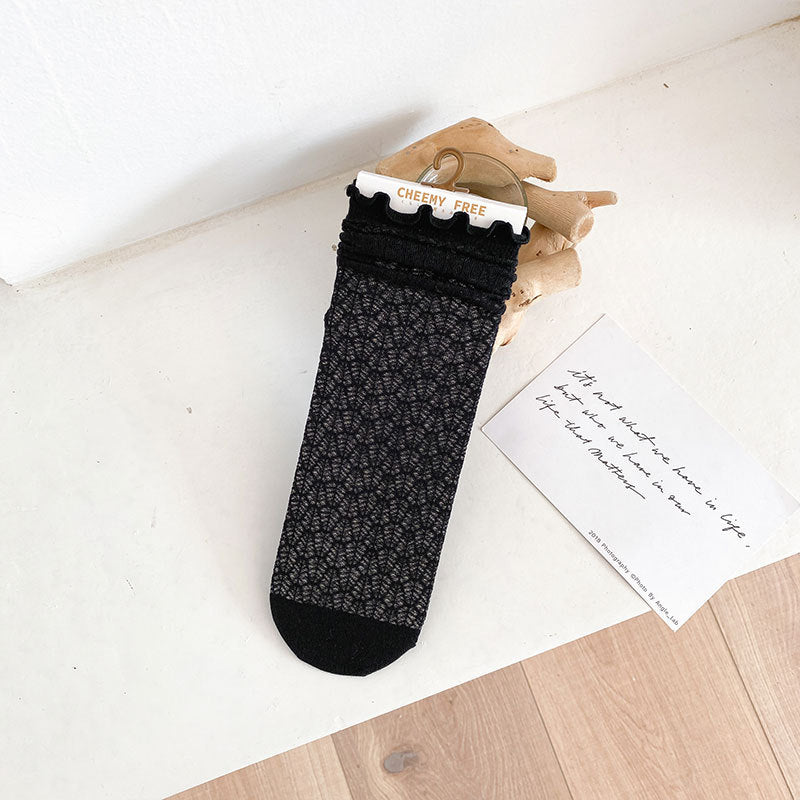 1 pair of socks for women summer thin black middle tube socks Japanese lace ballet style socks mesh breathable pile socks - Korvel