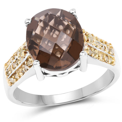 4.87 Carat Smoky Quartz & Yellow Diamond Sterling Silver Ring
