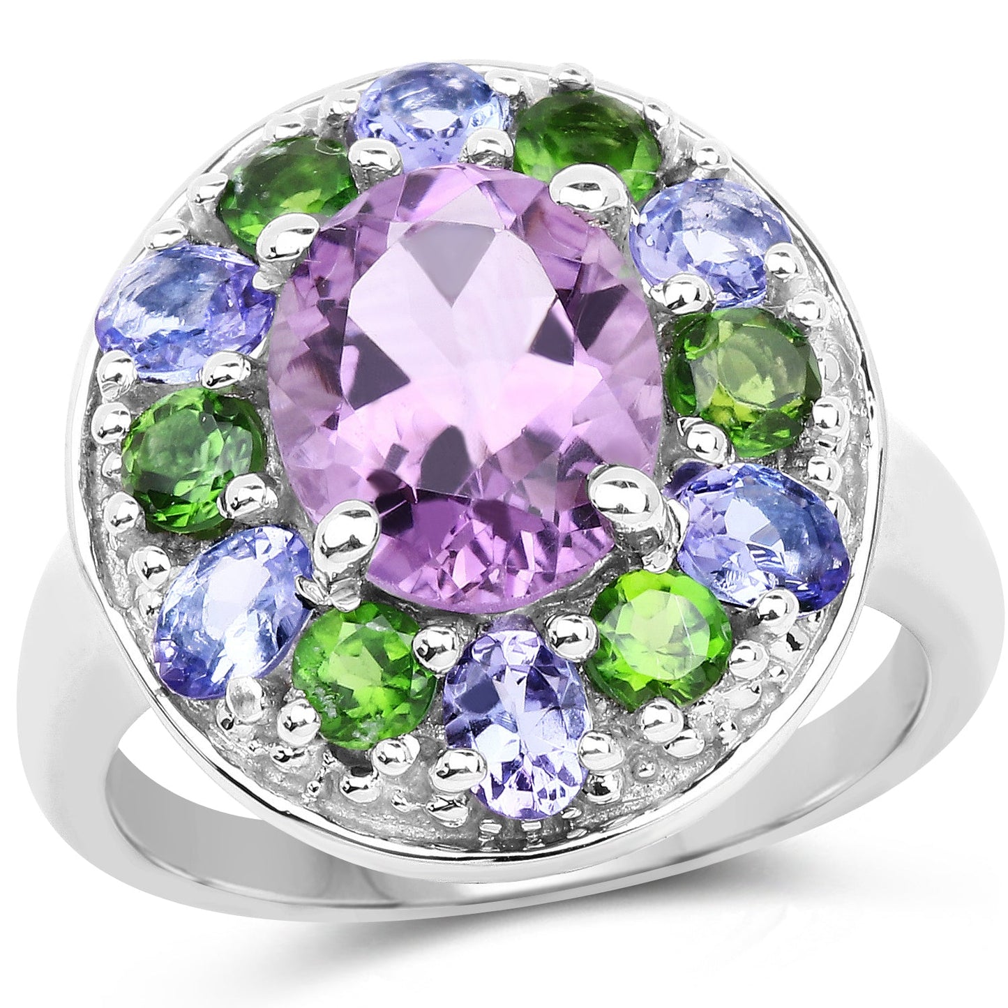 3.89 Carat Amethyst, Tanzanite & Chrome Diopside Sterling Silver Ring
