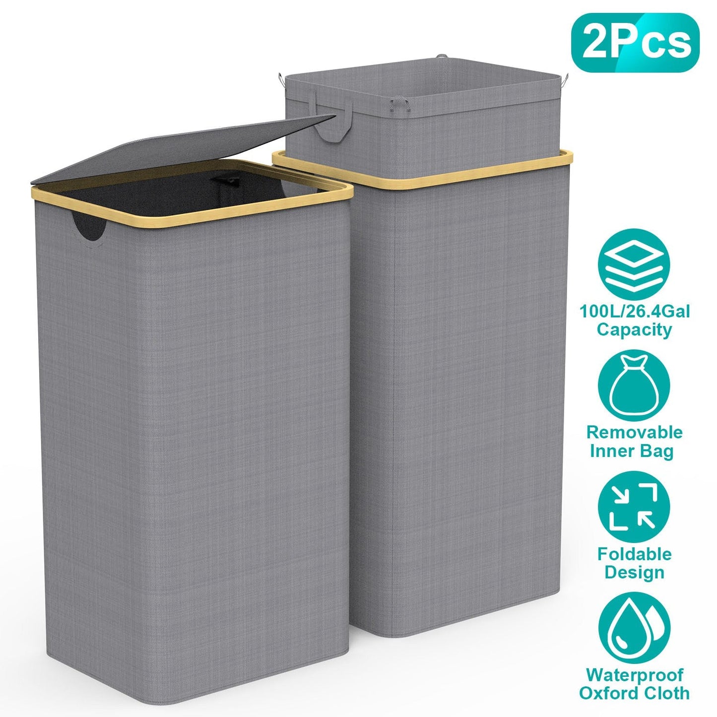 2-Pack Collapsible Laundry Hampers with Lid - 100L Capacity