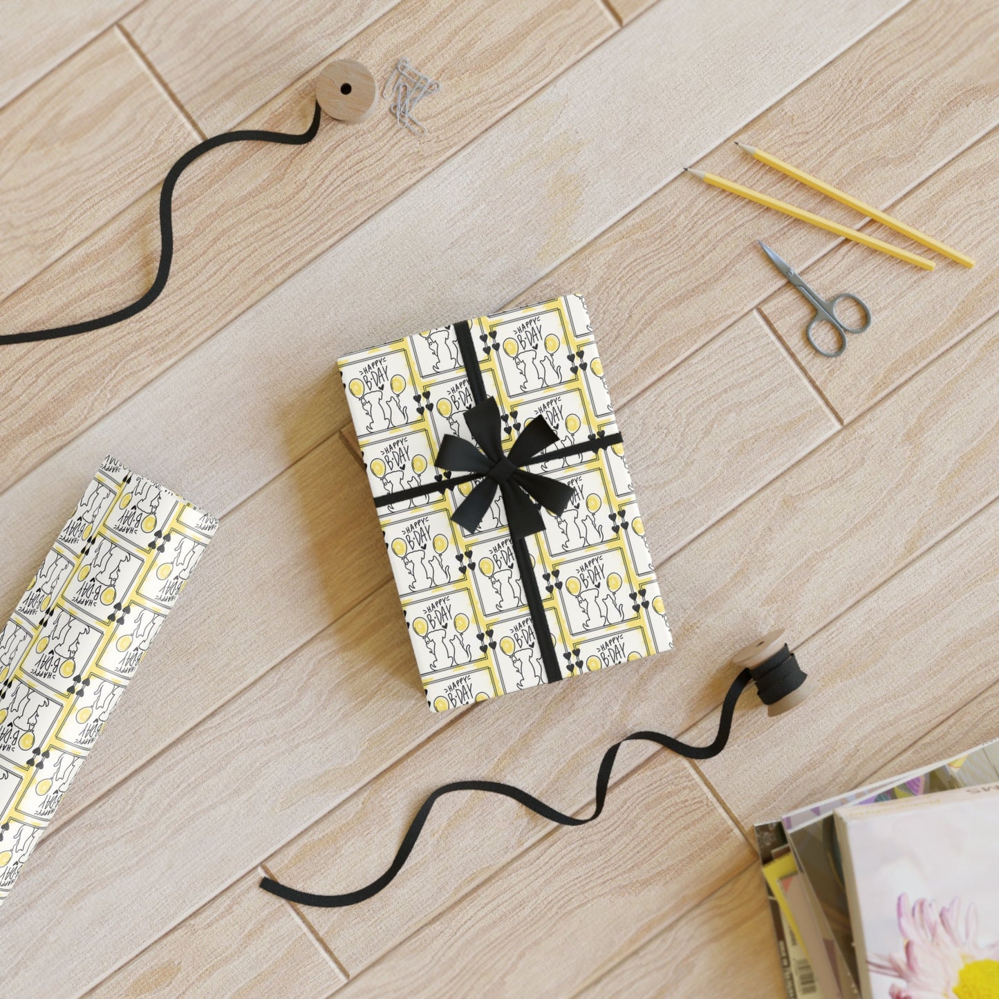 Vibrant Dog & Cat Birthday Gift Wrap - 1 Roll in Black & Yellow - Korvel