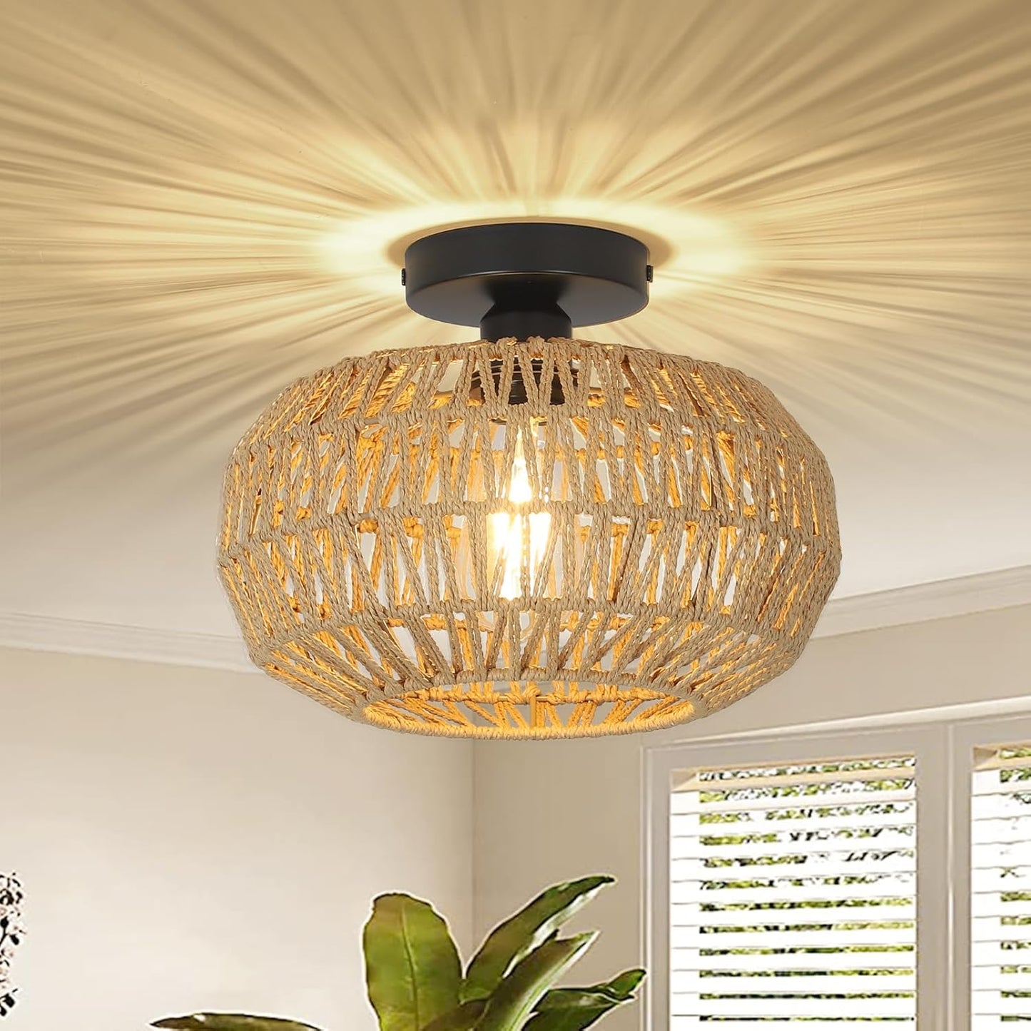 Rattan Light Fixtures Ceiling Mount,Boho Ceiling Light Fixture with Dimmable LED Bulb Mini Hand Woven Rattan - Korvel