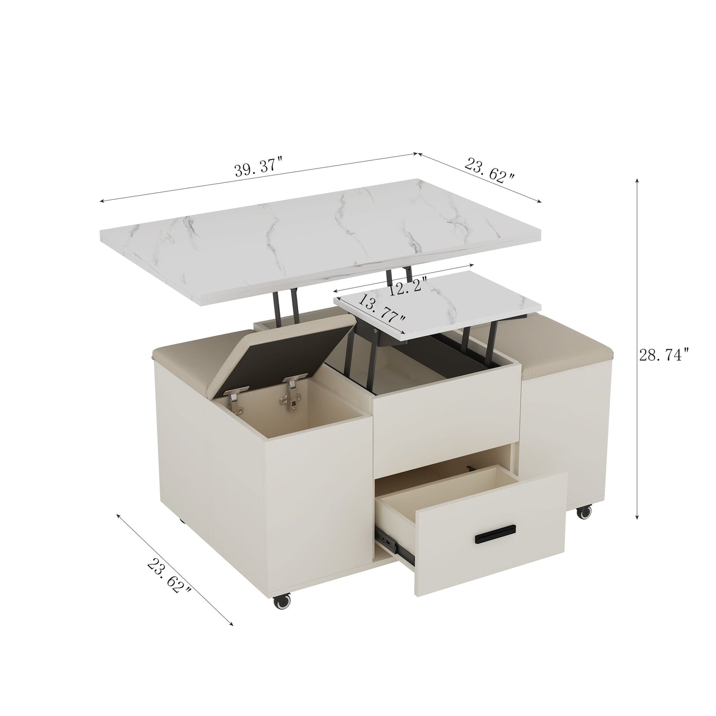 Modern Lift-Up Coffee Table with Storage and Stools