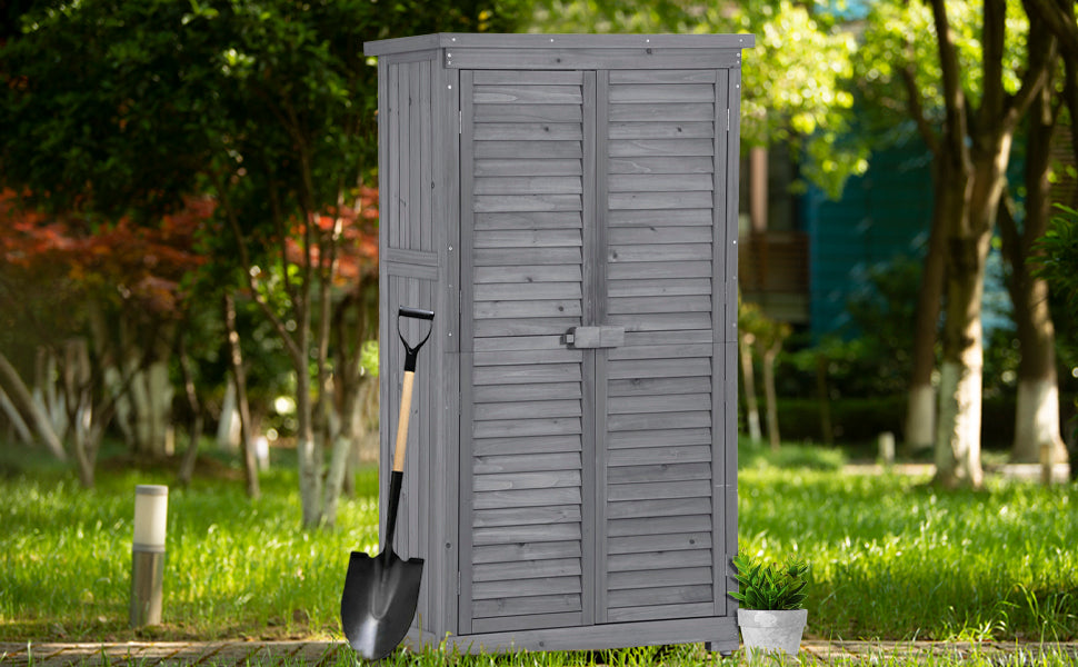 Wooden Garden Shed 3-tier Patio Storage Cabinet Outdoor Organizer Wooden Lockers with Fir Wood (Gray Wood Color -Shutter Design) - Korvel
