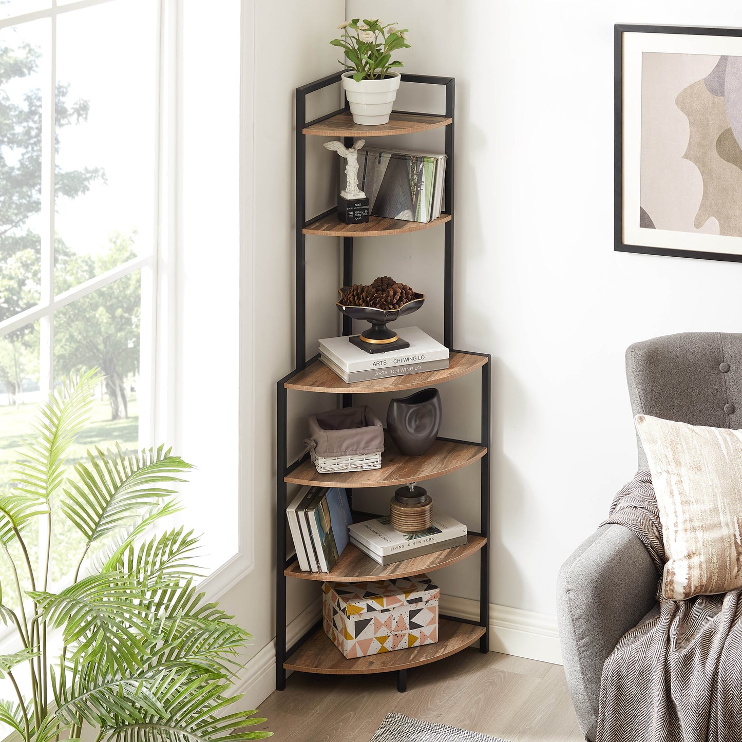 6-story corner open bookshelf modern bookshelf wooden frame independent bookshelf unit, country brown - Korvel