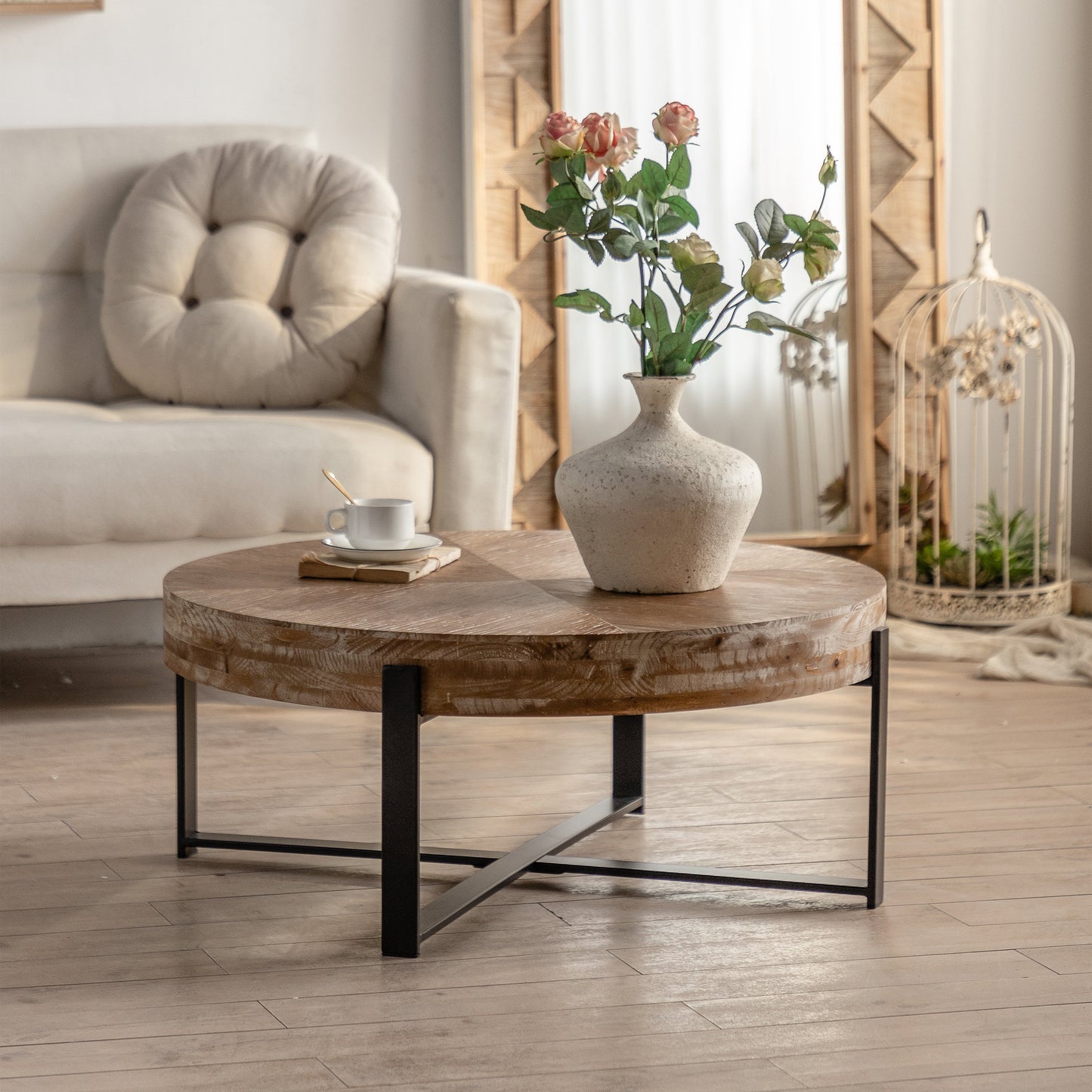 31.29"Modern Retro Splicing Round Coffee Table  Fir Wood Table Top with Cross Legs Metal Base(Same SKU:W757123560) - Korvel