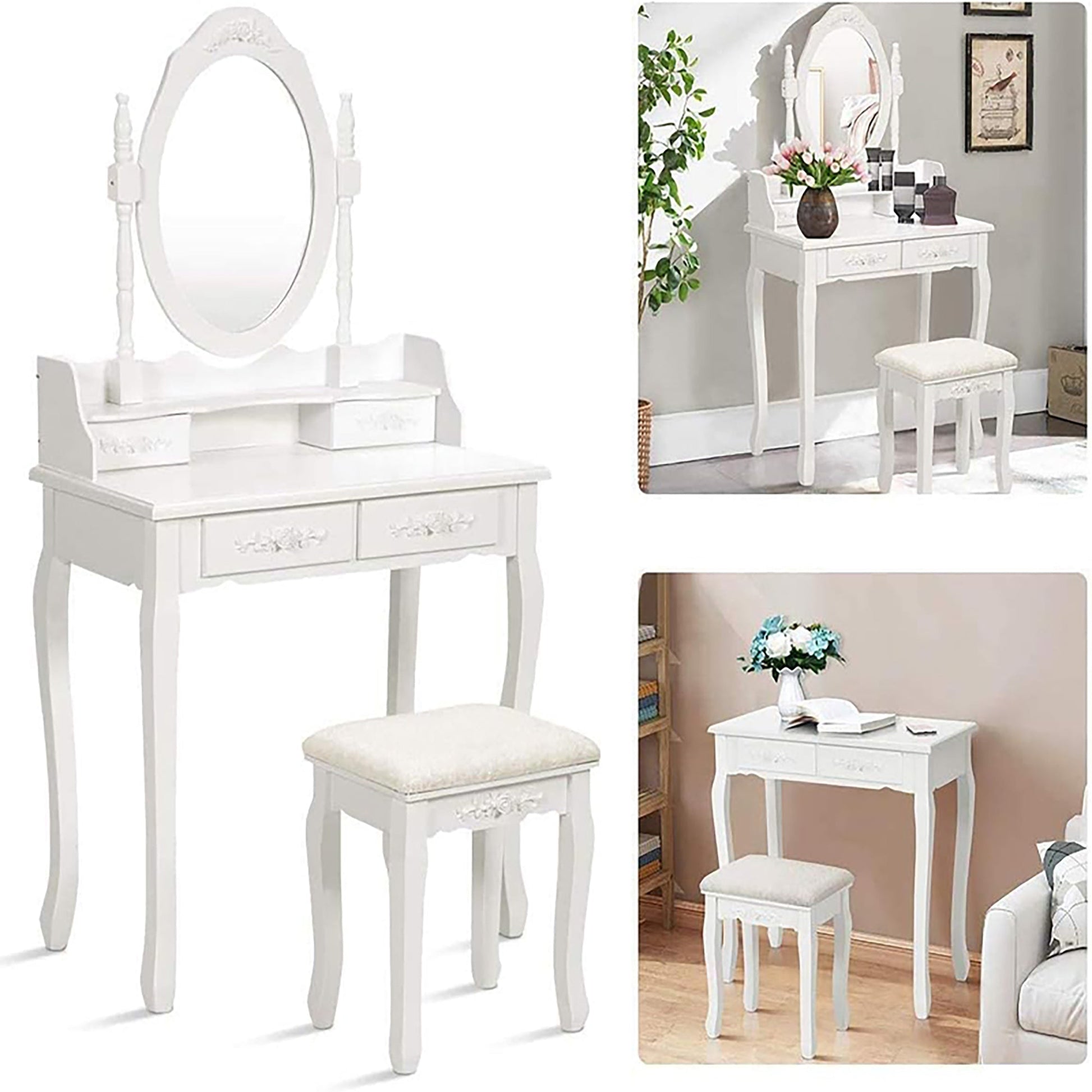 Vanity Table Set with 4 Drawer, Makeup Dressing Table w/Cushioned Stool, Girls Women Bedroom Furniture Set Oval Mirror - Korvel