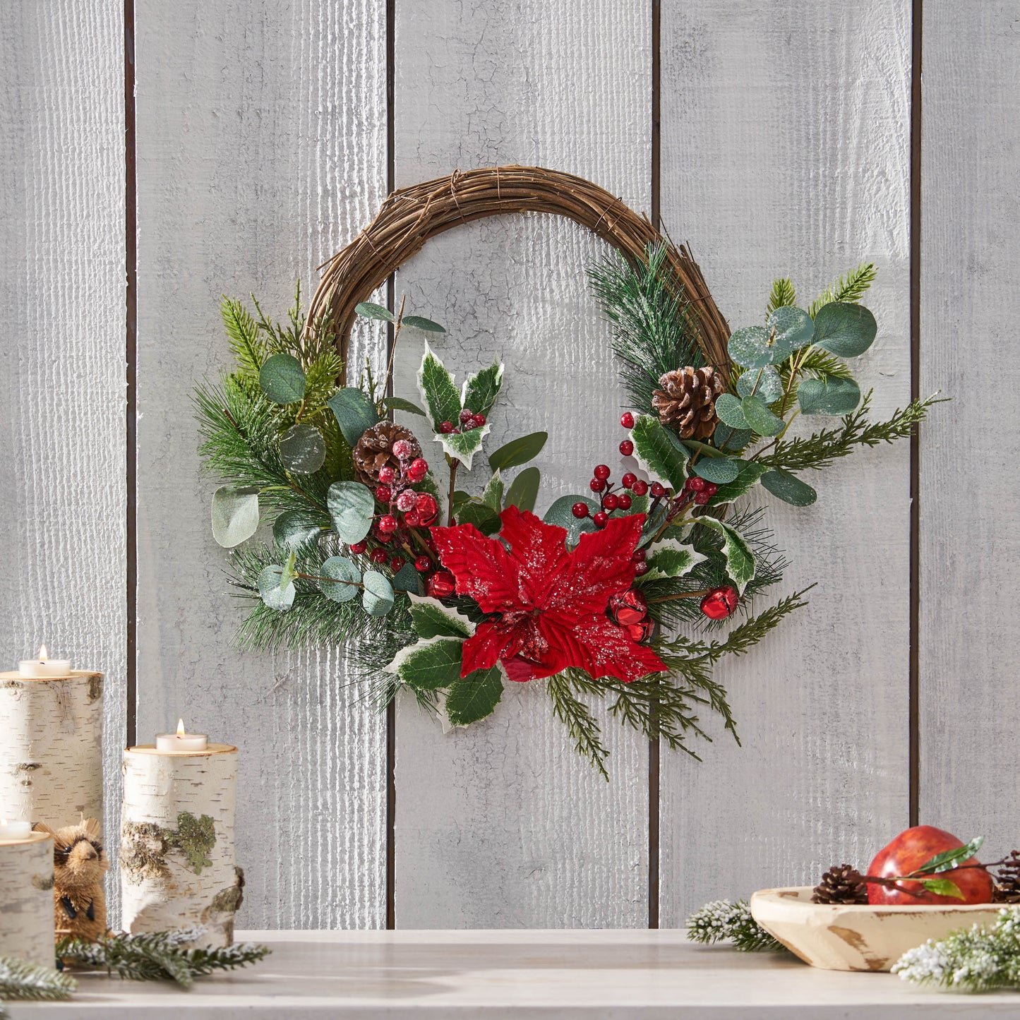 23.5" POINSETTIA/BERRY/EUCALYPTUS HALF WREATH - Korvel