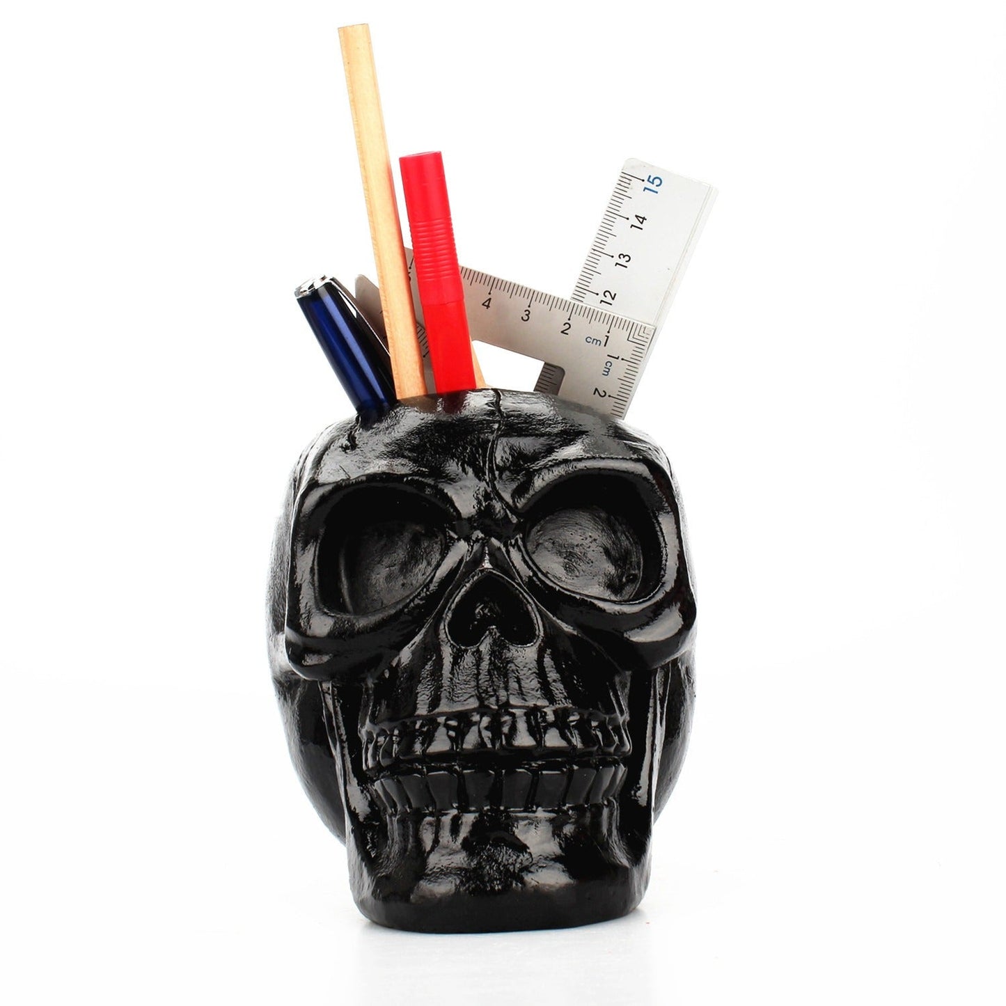 Soporte para bolígrafos con diseño de calavera negra