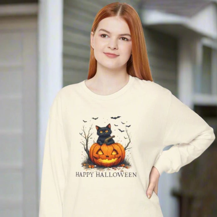 Happy Halloween Cat Long Sleeve Tee for Cat Lovers