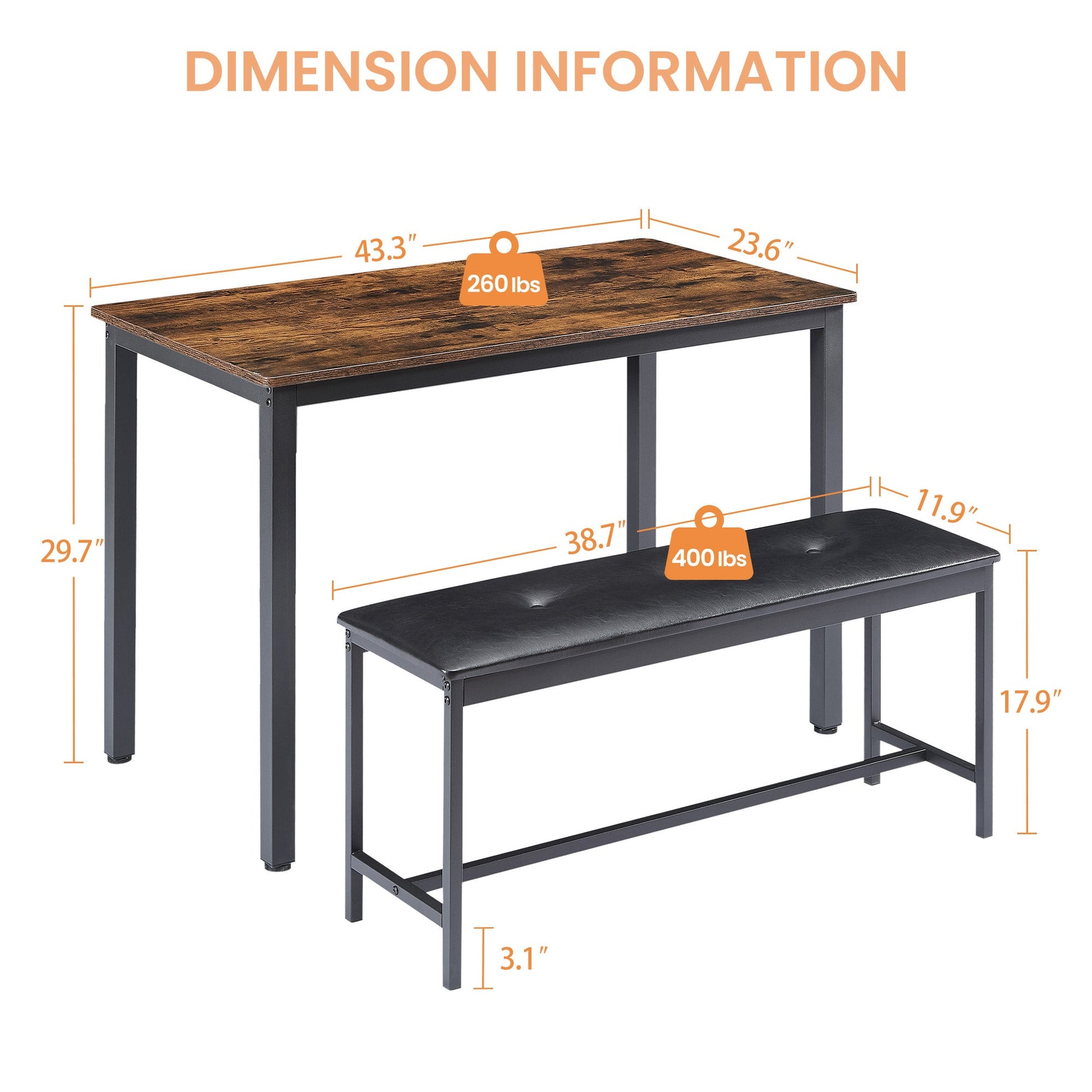 Dining Table Set Barstool Dining Table (with 2 PU Upholstered Benches) Industrial Style Dining Table and Chairs - Korvel